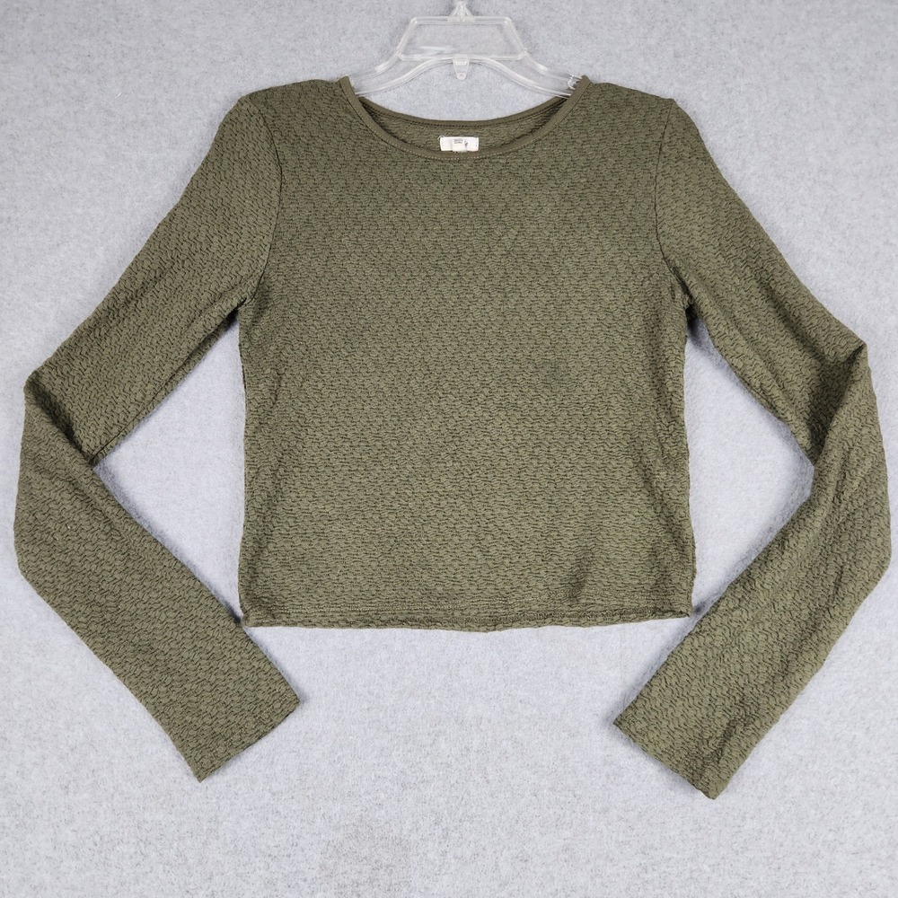 Aerie Crop Shirt Top Womens S Olive Green Long Sleeve Textured Puckered Crewneck